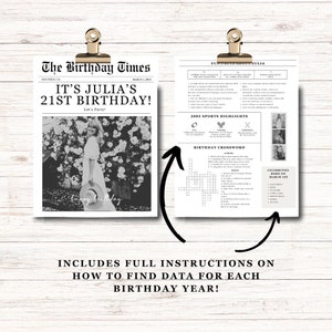 Modèle de journal d'anniversaire modifiable, affiche pliable d'infographie d'anniversaire, invitation d'anniversaire avec anecdotes amusantes et mots croisés pour toutes les années image 5