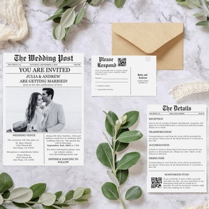 May include: A newspaper-style wedding invitation with a black and white photo of the couple. The invitation reads "The Wedding Post" and includes the couple's names, wedding date, and venue. The invitation also includes a QR code for RSVP.