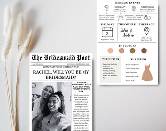 Periódico de boda ¿Serás mi tarjeta de información de dama de honor, plantilla de periódico tarjeta de propuesta de dama de honor, plantilla de periódico de tarjeta de dama de honor Canva