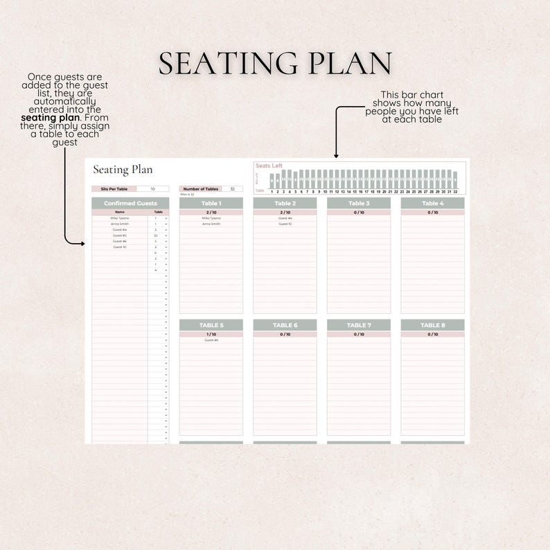 May include: A printable seating chart template with a bar chart showing the number of seats left at each table. The chart is labeled "Seating Plan" and includes a list of confirmed guests, table numbers, and a section for assigning guests to tables.