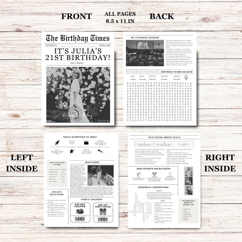 Bearbeitbare Geburtstagszeitungsvorlage, faltbares Geburtstags-Infografik-Poster, Geburtstagseinladung mit lustigen Fakten und Kreuzworträtsel für jedes Jahr Bild 6