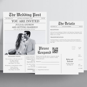 Hochzeitszeitungseinladungsvorlage, bearbeitbare einzigartige Hochzeitseinladung, Zeitungsvorlage, Hochzeitsdetailkarte, QR-Code laden zum Herunterladen ein