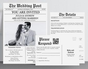 Wedding Newspaper Invitation Template, Editable Unique Wedding Invitation, Newspaper Template, Wedding Details Card, QR Code Invite Download