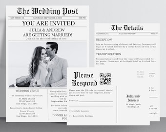 Wedding Newspaper Invitation Template, Editable Unique Wedding Invitation, Newspaper Template, Wedding Details Card, QR Code Invite Download