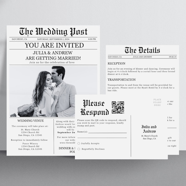 Wedding Newspaper Invitation Template, Editable Unique Wedding Invitation, Newspaper Template, Wedding Details Card, QR Code Invite Download