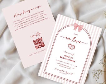 Berry In Love Bridal Shower Invitation Template, Strawberry Bridal Shower Invite, Share a Recipe Card, Pink Bridal Shower Editable Download