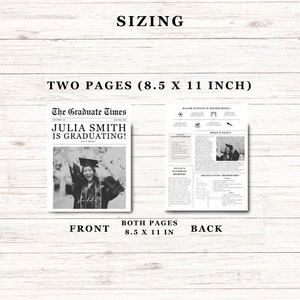 May include: Black and white graduation announcement with a newspaper design. The front page features a photo of a graduate in a cap and gown, with the headline "Julia Smith is Graduating!" The back page includes a crossword puzzle and a section titled "What's Next?" Both pages are 8.5 x 11 inches.
