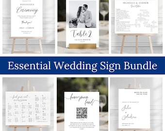 Paquete esencial de letreros para bodas: plano de asientos, números de mesa, letrero de bienvenida, crucigrama de bodas, ceremonia sin dispositivos electrónicos, código QR, artículos imprescindibles para la boda.