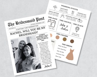 Wedding Newspaper Bridesmaid Proposal Card, Will You Be My Bridesmaid Info Card, Bridesmaid Card Newspaper Template, Bridesmaid Proposal