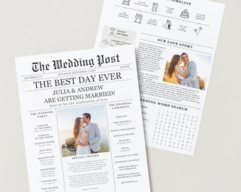 Newspaper Wedding Program Template, Editable Wedding Newspaper Program, Printable Wedding Infographic, Folded Wedding Day Program, Crossword
