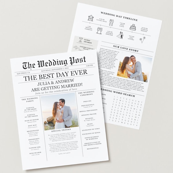 Newspaper Wedding Program Template, Editable Wedding Newspaper Program, Printable Wedding Infographic, Folded Wedding Day Program, Crossword