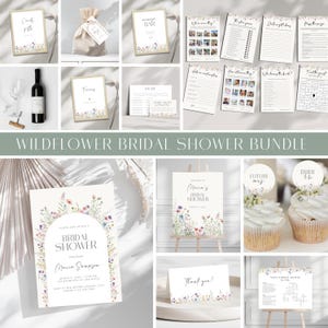 May include: A printable bridal shower bundle featuring a wildflower theme. The bundle includes a welcome sign, invitations, games, thank you cards, and cupcake toppers. The design incorporates a watercolour illustration of wildflowers in shades of pink, purple, blue, and yellow.
