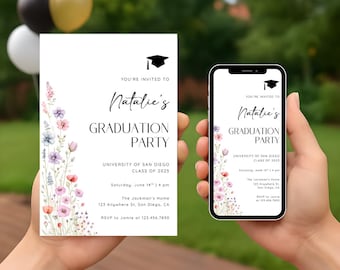 Floral Digital Graduation Invitation 2025, Wildflower Graduation Invitation Template, 2025 Grad Invite With Flowers, Mobile Graduation 2025