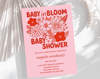 Ensemble d'invitations pour baby shower bébé en fleurs, faire-part bébé en fleurs, baby shower de fleurs sauvages modifiable, modèle de baby shower printanier floral