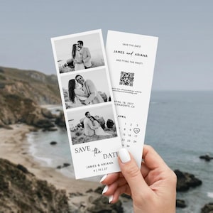 May include: A pair of black and white save-the-date cards held by a person. The cards feature three black and white photos of a couple, the text "SAVE THE DATE," and the names "JAMES & ARIANA." The date "4/10/27" is also printed on the card.