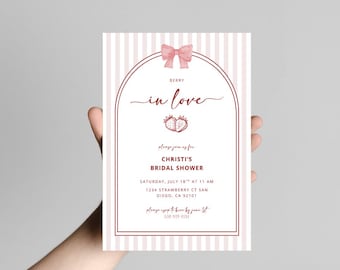 Strawberry Bridal Shower Invitation Template, Berry In Love Bridal Shower Invite, Share a Recipe Card, Pink Bridal Shower Editable Download