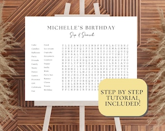 Plantilla de búsqueda de palabras de cumpleaños personalizada, búsqueda de palabras de cumpleaños personalizada para beber y resolver, rompecabezas de cumpleaños, búsqueda de palabras gigante, juego imprimible de Canva