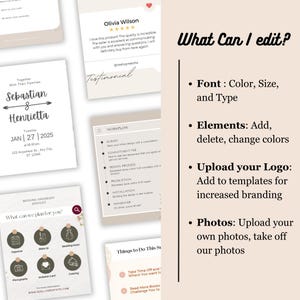 May include: A customizable wedding invitation template with a beige background and a minimalist design. The template features the text "Sebastian & Henrietta" with a wedding date and location. The text "What can we plan for you?" is displayed with icons for wedding planning services. The text "What Can I edit?" is displayed with a list of editable elements, including font, color, size, type, elements, logo, and photos.