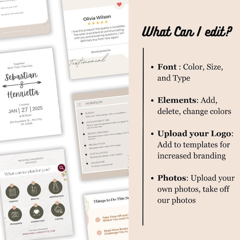 May include: A customizable wedding invitation template with a beige background and a minimalist design. The template features the text "Sebastian & Henrietta" with a wedding date and location. The text "What can we plan for you?" is displayed with icons for wedding planning services. The text "What Can I edit?" is displayed with a list of editable elements, including font, color, size, type, elements, logo, and photos.
