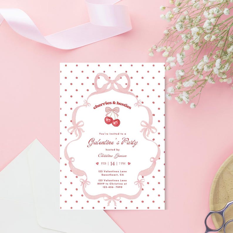 May include: A pink Galentine's Party invitation with a polka dot background. The invitation features a decorative frame with bows and the text "cherries & besties". The invitation includes the date, time, and location.