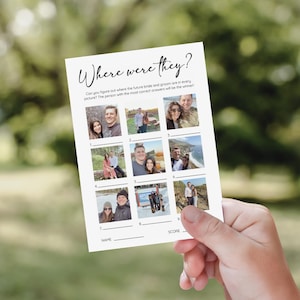 May include: A printable game card with the text "Where were they?" and nine photos of a couple. The text below the photos reads "Can you figure out where the future bride and groom are in every picture? The person with the most correct answers will be the winner!" There are blank lines for the player to write their name and score.