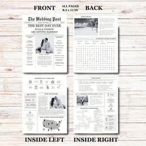 Newspaper Wedding Program Template, Editable Wedding Newspaper Program, Printable Wedding Infographic, Folded Wedding Day Program, Crossword image 3