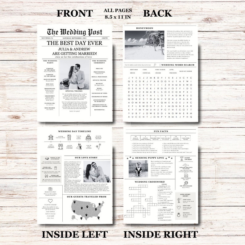 Newspaper Wedding Program Template, Editable Wedding Newspaper Program, Printable Wedding Infographic, Folded Wedding Day Program, Crossword image 3