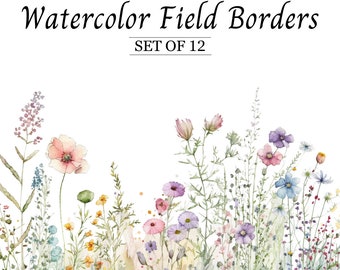 Bordure florale aquarelle de fleurs sauvages dans un champ, bordure de fleurs des prés Ensemble de fleurs bordure de printemps Clipart PNG Téléchargement instantané