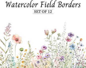 Aquarel bloemen clipart grens wilde bloemen in veld weide bloemenrand set bloemen lente grens clipart PNG Instant Download