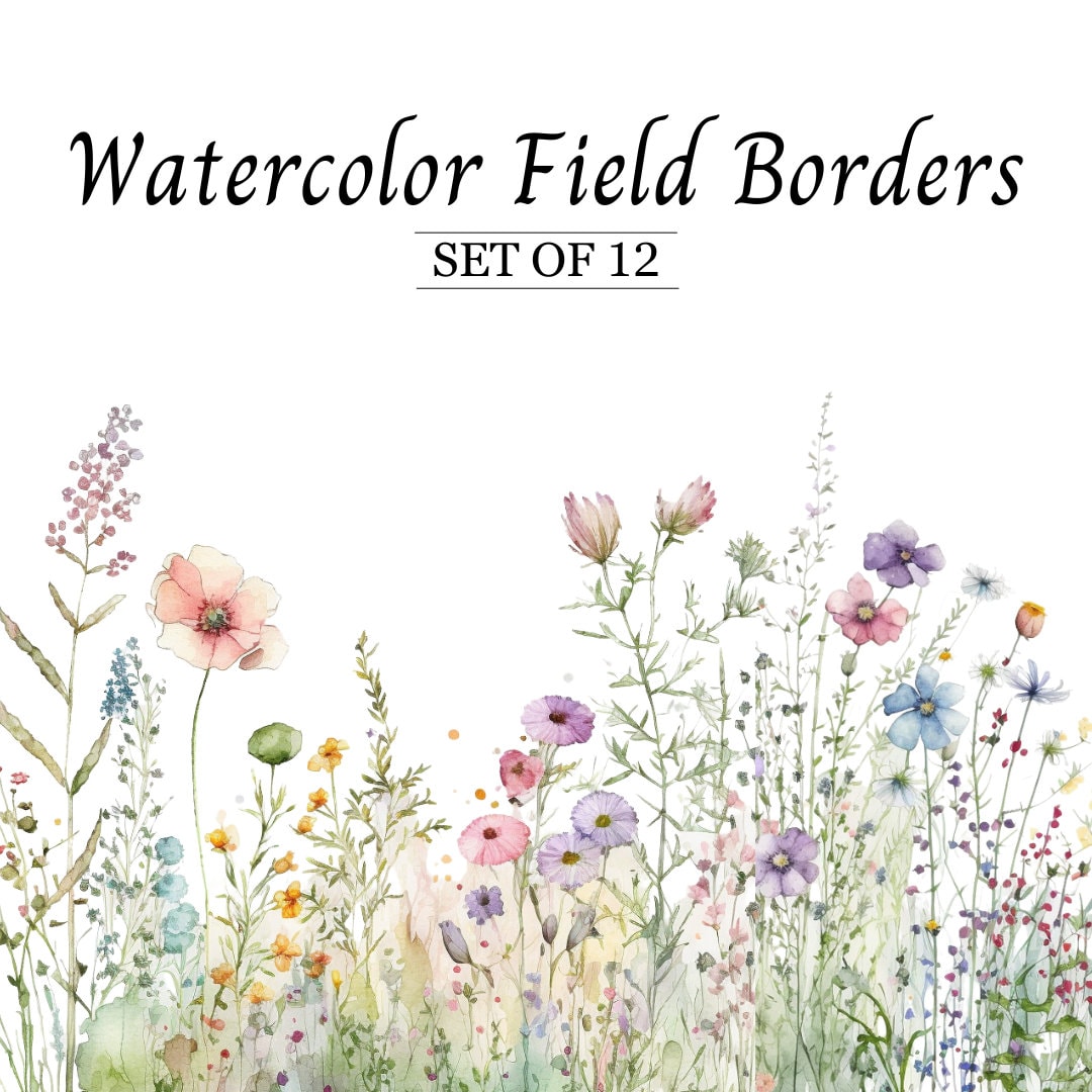 Watercolor Floral Clipart Border Wildflowers in Field Meadow - Etsy