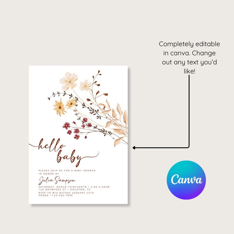 Floral Hello Baby Shower Invitation Template, Boho Baby Shower Invite