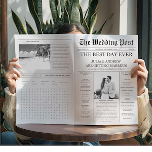 Newspaper Wedding Program Template, Editable Wedding Newspaper Program, Printable Wedding Infographic, Folded Wedding Day Program, Crossword