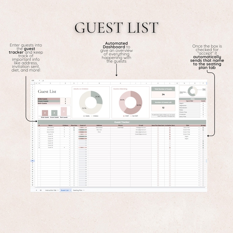 May include: A spreadsheet template for organizing a guest list for an event. The spreadsheet includes sections for guest names, addresses, RSVP status, dietary restrictions, and seating arrangements. The spreadsheet also includes charts and graphs to visualize the data.