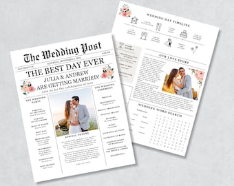 Zeitungs-Hochzeitsprogrammvorlage, bearbeitbares Hochzeitszeitungspapierprogramm, druckbare Hochzeitsinfografik, gefaltetes Hochzeitstagsprogramm, Herunterladen