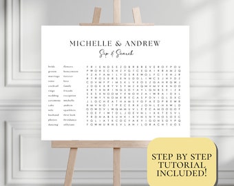 Benutzerdefinierte Hochzeit Wortsuche Vorlage, personalisierte Sip and Solve Bridal Shower Wortsuche, Hochzeit Puzzle Riesen Wortsuche Printable Canva