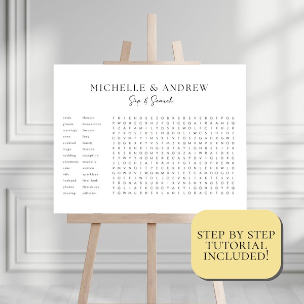 Custom Wedding Word Search Template, Personalized Sip and Solve Bridal Shower Word Search, Wedding Puzzle Giant Word Search Printable Canva