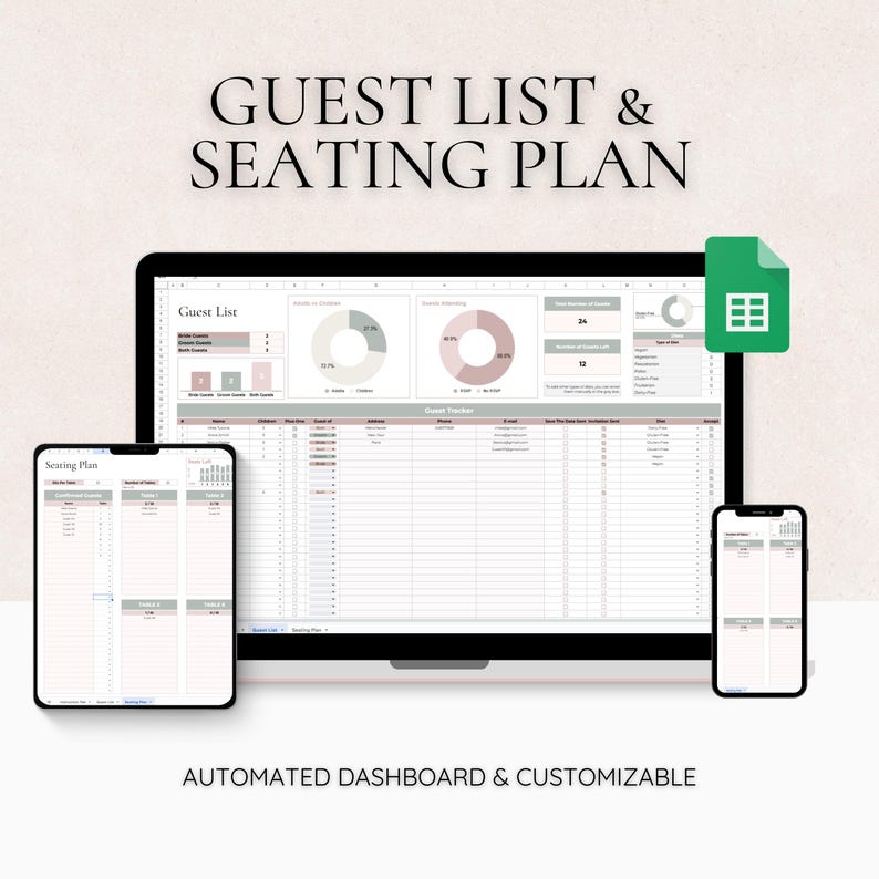 May include: A computer screen displaying a spreadsheet with the title "Guest List & Seating Plan". The spreadsheet includes a guest list, seating plan, and charts. The screen is surrounded by a light pink background. The text "AUTOMATED DASHBOARD & CUSTOMIZABLE" is displayed below the screen.