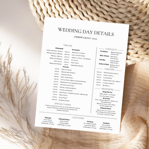 Puede incluir: Un cronograma y detalles para el d&iacute;a de la boda de Andrew y Julia, que incluye una lista de proveedores, contactos y recordatorios. El cronograma incluye eventos para las damas de honor, los padrinos de boda y todos. Los detalles incluyen las ubicaciones de la ceremonia, la recepci&oacute;n y la cena de ensayo.