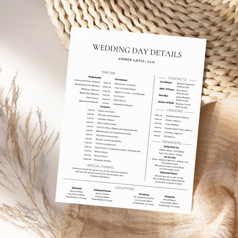 Puede incluir: Un cronograma y detalles para el d&iacute;a de la boda de Andrew y Julia, que incluye una lista de proveedores, contactos y recordatorios. El cronograma incluye eventos para las damas de honor, los padrinos de boda y todos. Los detalles incluyen las ubicaciones de la ceremonia, la recepci&oacute;n y la cena de ensayo.