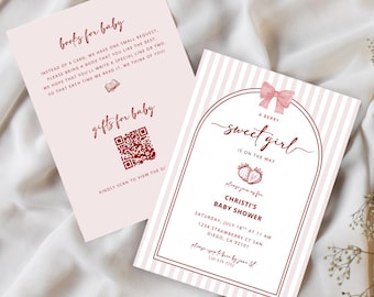 Strawberry Baby Shower Invitation Template Berry Sweet Girl Is On The Way Editable Books for Baby QR Registry Card Girl Baby Shower Pink