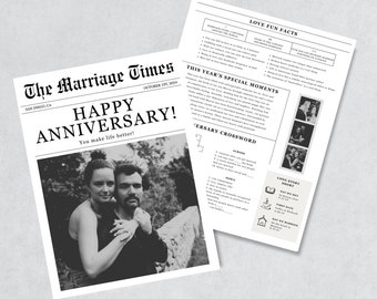 Plantilla editable de periódico de aniversario de bodas, póster infográfico de aniversario, datos curiosos del periódico de bodas de aniversario y crucigramas Canva