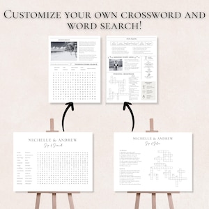 May include: Two white paper wedding games, a word search and a crossword puzzle, are displayed on easels. The word search includes a list of wedding-related words. The crossword puzzle has clues and answers. The text "MICHELLE & ANDREW Sip & Search" is visible.