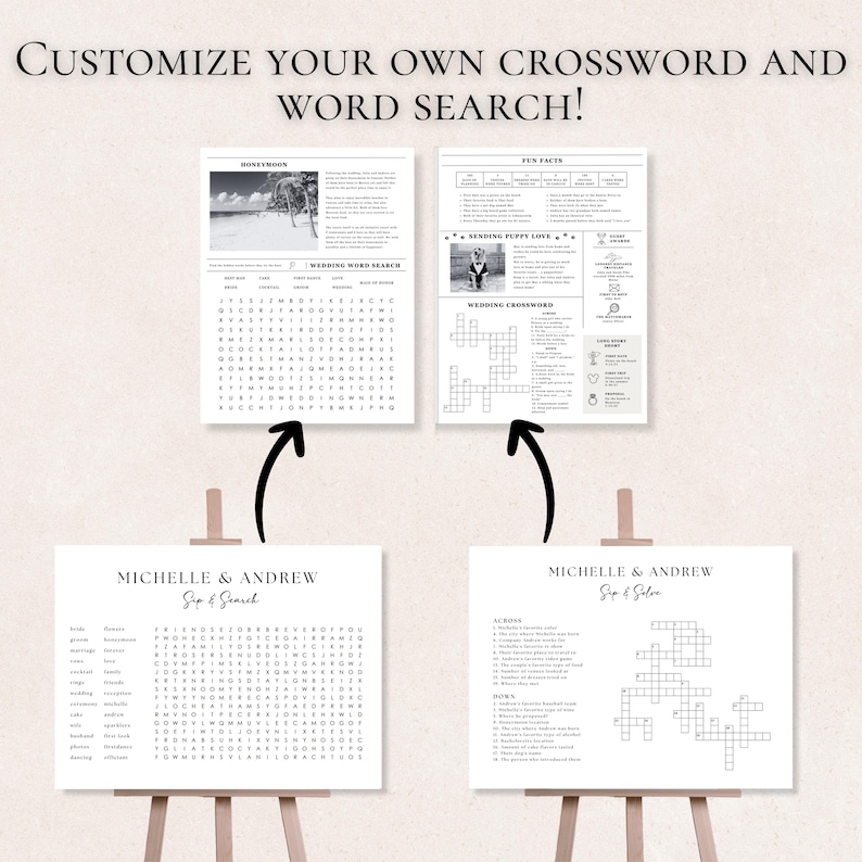 May include: Two white paper wedding games, a word search and a crossword puzzle, are displayed on easels. The word search includes a list of wedding-related words. The crossword puzzle has clues and answers. The text "MICHELLE & ANDREW Sip & Search" is visible.
