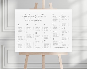 Modèle de plan de table par ordre alphabétique, plan de table de mariage, plan de table minimaliste pour mariage, signe de plan de salle par ordre alphabétique modifiable