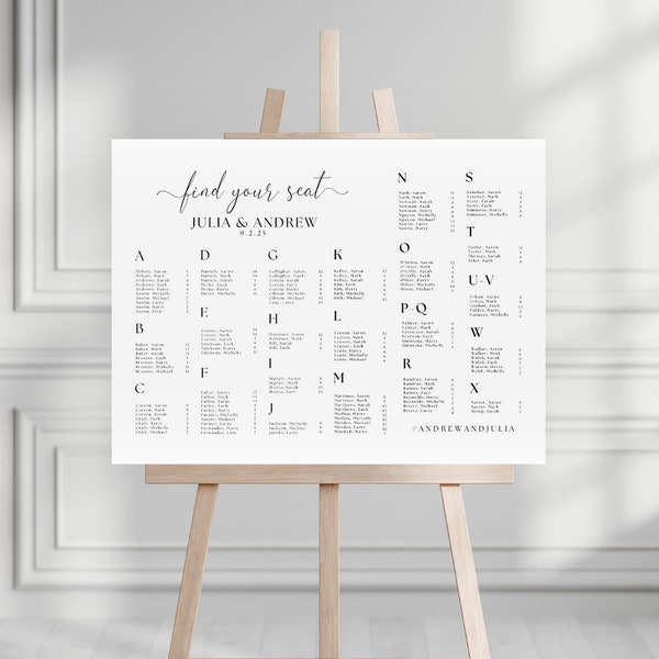 Modèle de plan de table par ordre alphabétique, plan de table de mariage, plan de table minimaliste pour mariage, signe de plan de salle par ordre alphabétique modifiable