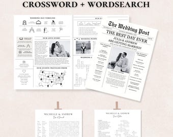 Modello di programma di nozze su giornale, programma di nozze su giornale modificabile, infografica di nozze stampabile, programma di nozze piegato, cruciverba