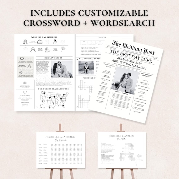 Newspaper Wedding Program Template, Editable Wedding Newspaper Program, Printable Wedding Infographic, Folded Wedding Day Program, Crossword