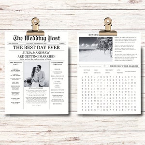 Newspaper Wedding Program Template, Editable Wedding Newspaper Program, Printable Wedding Infographic, Folded Wedding Day Program, Crossword image 6