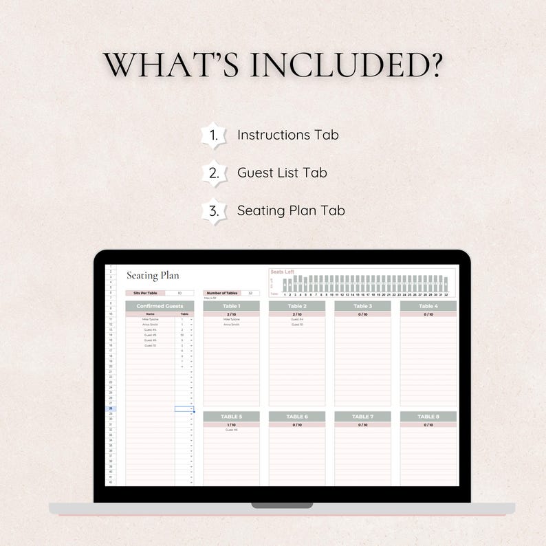 May include: A computer screen displaying a seating plan template with tabs for instructions, guest list, and seating plan. The seating plan includes a table for confirmed guests and a grid for assigning guests to tables.