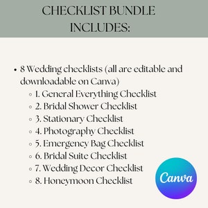 K&ouml;nnte beinhalten: Ein Checklisten-Paket f&uuml;r die Hochzeitsplanung mit dem Canva-Logo. Das Paket enth&auml;lt 8 bearbeitbare und herunterladbare Checklisten: Allgemein, Brautparty, Papeterie, Fotografie, Notfalltasche, Brautsuite, Hochzeitsdekoration und Flitterwochen.